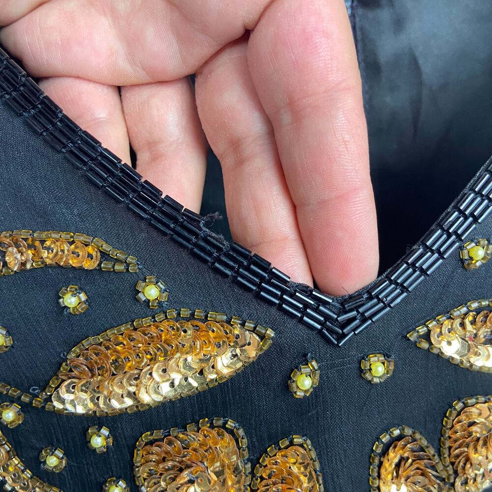 Vintage Beaded Cocktail Dress Size 2X Black Gold Sequins B2 & US by Marx & John - Picture 13 of 15